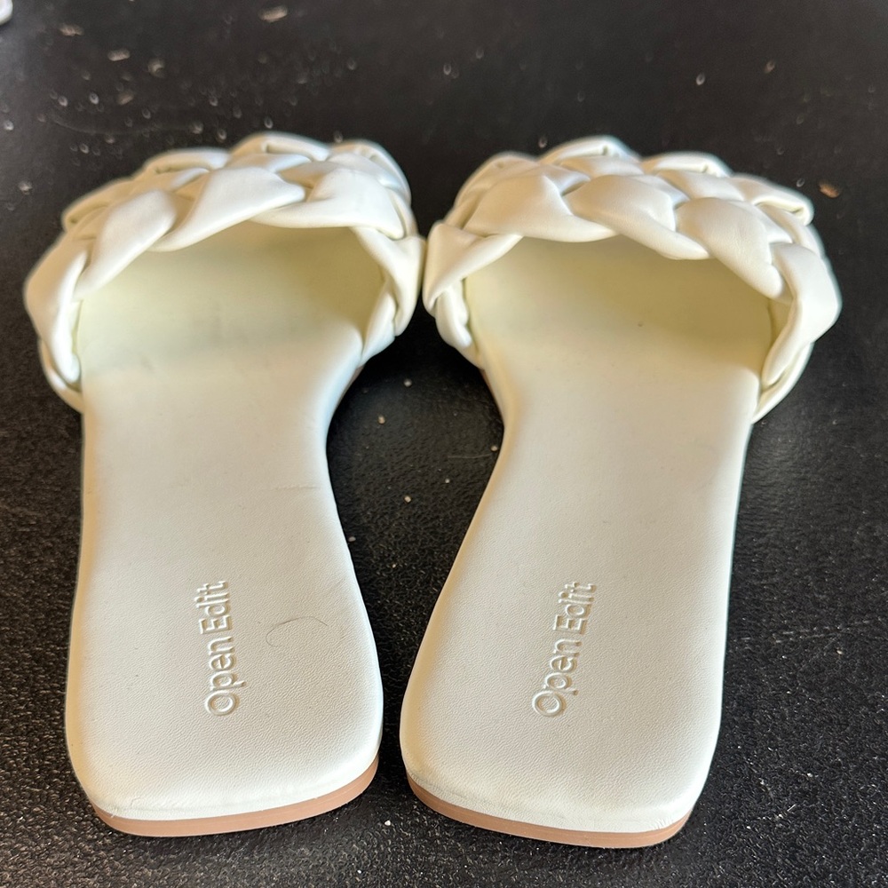 Open Edit Cream Braided Slide Sandals